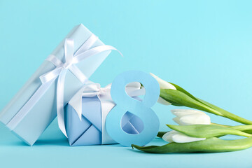 Greeting card for International Women's Day celebration with figure 8, tulips and gift boxes on blue background