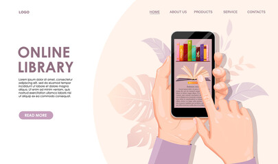 Online library, digital bookstore,reading app, bookshop web banner. Smartphone in hands, books shelf on screen, open book. Technology download literature to read, education. Vector illustration