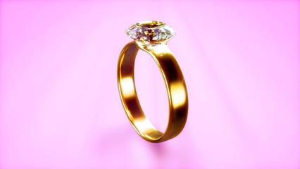 beautiful goldish wedding ring with diamond on gentle pink - object 3D rendering