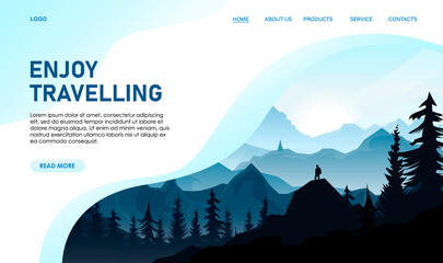Travel web design of landscape. Concept of website about nature. Man silhouette on hill, mountain covered forest, wood. Tourism, natural explore, online adventure app banner. Vector illustration