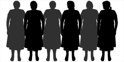 Large-bodied women stand in two lines, one behind the other. Line of women without moving. Black female silhouette isolated on white background. Front view. Women's outfit: skirt, blouse, dress.	