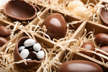 Box with chocolate Easter eggs, closeup