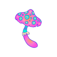 Magic mushrooms. Psychedelic hallucination. Vibrant vector illustration isolated on white. 60s hippie colorful art in vivid acid colors. Sticker, patch, poster graphic design.