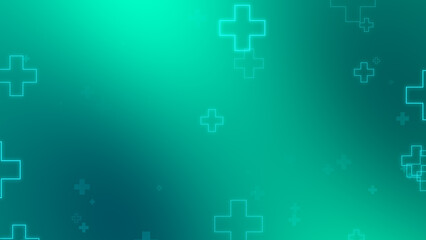 Obraz premium Medical health blue green cross neon light shapes pattern background. Abstract healthcare technology and science concept.