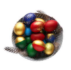Basket with stylish Easter eggs on white background