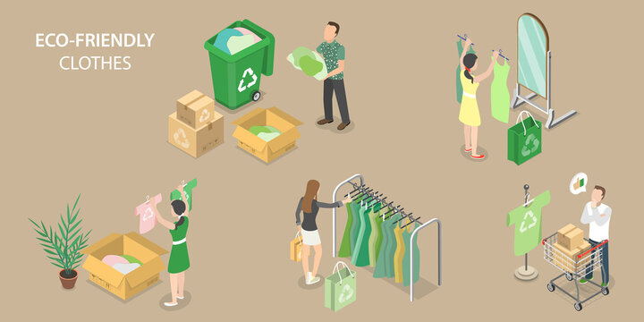 3D Isometric Flat Vector Conceptual Illustration of Eco-friendly Clothes, Sustainable Fashion, Ethical Clothing Production