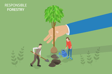 3D Isometric Flat Vector Conceptual Illustration of Responsible Forestry, Forest Restoration, Planting New Trees