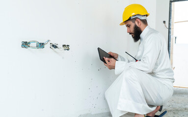 Middle Eastern Arab engineers dressed in traditional uniforms and safety helmets electrical system...