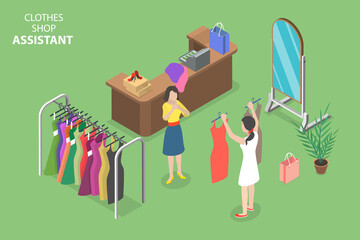 3D Isometric Flat Vector Conceptual Illustration of Clothes Shop Assistant , Fashion Consultant