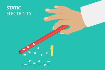 3D Isometric Flat Vector Conceptual Illustration of Static Electricity, Physics Experiments with Pencil and Pieces of Paper