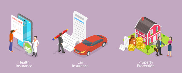 3D Isometric Flat Vector Conceptual Illustration of Health, Car And Property Insurance, Signing Insurance Policy