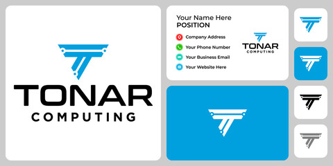 Letter T monogram technology logo design with business card template.