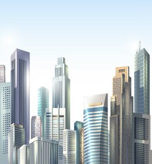 Fototapeta premium 3d realistic vector background. Realistic city road skyscrapers, bussines district offices.