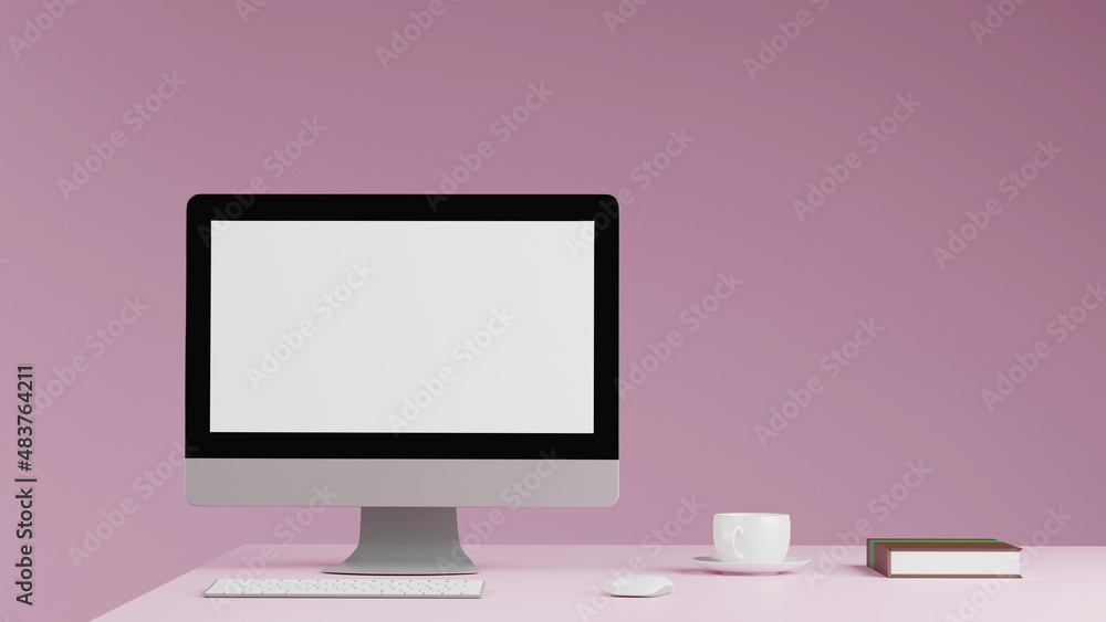 Poster blank screen on the desktop computer with a cup of coffee, mock-up, 3d rendering