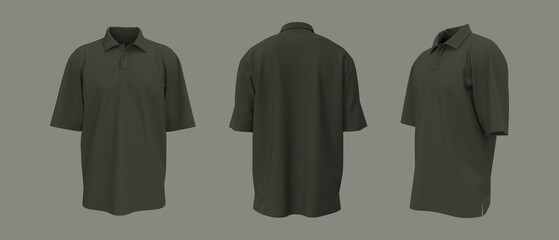 Oversized collared shirt mockup, front, side and back views, tee design presentation for print, 3d rendering, 3d illustration