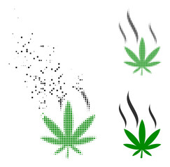 Dispersed dot cannabis smoke vector icon with destruction effect, and original vector image. Pixel dissipating effect for cannabis smoke shows speed and movement of cyberspace items.