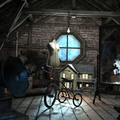 Attic in the dark and scary house of terror, 3D illustration