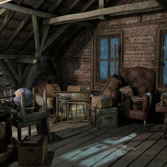 Attic in the dark and scary house of terror, 3D illustration
