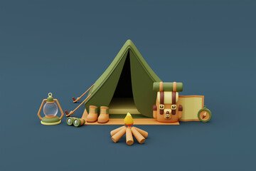 Camping equipment with baggage,map,lantern,hiking shoes,binoculars and bonfire outside tent on camping site,holiday vacation concept.minimal style.3d rendering. - obrazy, fototapety, plakaty