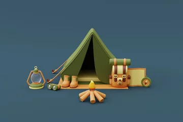 Selbstklebende Fototapeten Camping equipment with baggage,map,lantern,hiking shoes,binoculars and bonfire outside tent on camping site,holiday vacation concept.minimal style.3d rendering. © Charcoal3D