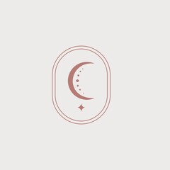 Magic emblem with moon and stars. Minimalist female logo. Vector letter 