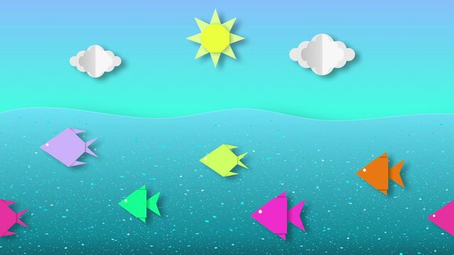 Art papercut background scene with paper origami figures: sun, clouds and fish. Cutout template with elements, symbols, icons. Landscape for banner, card, poster. Crafted world. Loop stock video.