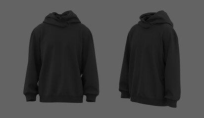 Blank hooded sweatshirt mockup in front and side views, 3d rendering, 3d illustration - obrazy, fototapety, plakaty