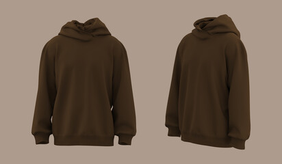Blank hooded sweatshirt mockup in front and side views, 3d rendering, 3d illustration