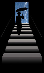 A man with hat, raincoat and umbrella stands inside on a stairway looking at hard rain and lightning outside the door at the top of the steps in this 3-d illustration.