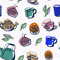 Kitchen colored doodle seamless pattern with tea for wrapping paper, textile fabric. Vector illustration