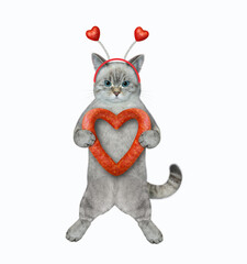 An ashen cat in a holiday headband holds a heart shaped sausage. White background. Isolated.