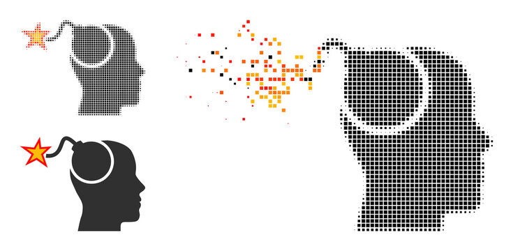 Dispersed pixelated bomb idea vector icon with destruction effect, and original vector image. Pixel dematerialization effect for bomb idea demonstrates speed and motion of cyberspace abstractions.