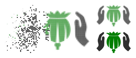Dissolved dotted poppy care hands vector icon with destruction effect, and original vector image. Pixel degradation effect for poppy care hands demonstrates speed and motion of cyberspace matter.