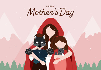 Happy mother's day, mom hugs her children. Little red riding hood and the wolf boy.