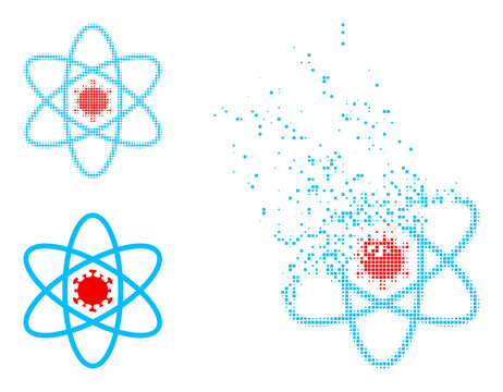 Fractured dotted virus atom vector icon with destruction effect, and original vector image. Pixel disappearing effect for virus atom demonstrates speed and movement of cyberspace objects.