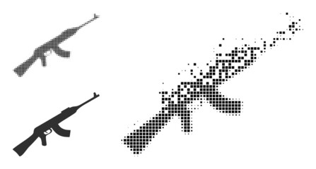 Dispersed pixelated kalashnikov gun vector icon with destruction effect, and original vector image. Pixel destruction effect for kalashnikov gun demonstrates speed and motion of cyberspace concepts.