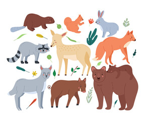 Forest animals set with bears,fox,squirrel,hare,wolf,beaver,hog,deer,raccoon, great design for any purposes. Woodland fauna collection. Flat cartoon vector illustration isolated for white background.