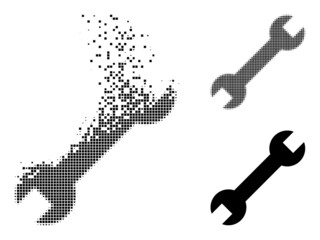 Dispersed pixelated spanner vector icon with wind effect, and original vector image. Pixel mist effect for spanner demonstrates speed and movement of cyberspace matter.