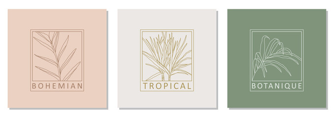 Set of trendy minimalist botanical abstract bohemian design icons