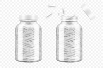 Medicine bottles with capsules isolated on white background. Vector realistic mockup of glass or plastic transparent container with open and closed white lid. 3d jars with medical drugs, pill