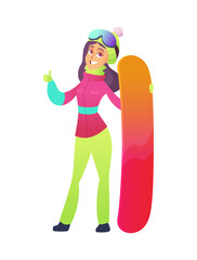Beautiful girl with purple hair in bright ski suit holds snowboard and shows super, excellent gesture