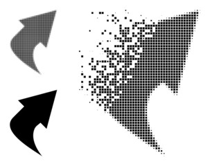 Dispersed dotted upload arrow vector icon with destruction effect, and original vector image. Pixel destruction effect for upload arrow shows speed and movement of cyberspace abstractions.