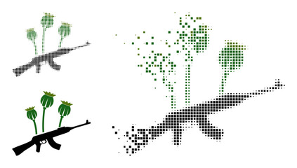 Dispersed pixelated opium poppy crime vector icon with wind effect, and original vector image. Pixel dissipating effect for opium poppy crime shows speed and motion of cyberspace matter. - obrazy, fototapety, plakaty