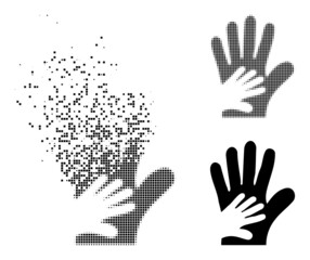 Dispersed dotted friend hands vector icon with destruction effect, and original vector image. Pixel disappearing effect for friend hands shows speed and movement of cyberspace items.