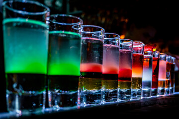 collection of colorful shots. Set of shot cocktails at the bar