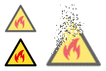 Dispersed dot fire warning vector icon with destruction effect, and original vector image. Pixel dust effect for fire warning shows speed and motion of cyberspace things.