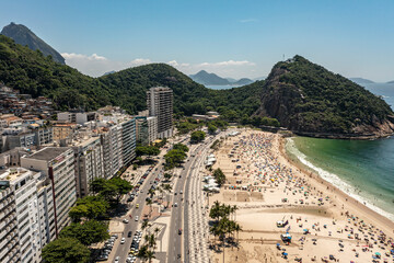 Copacabana beach. Leme district. Fort Duque de Caxias at the top of the hill.