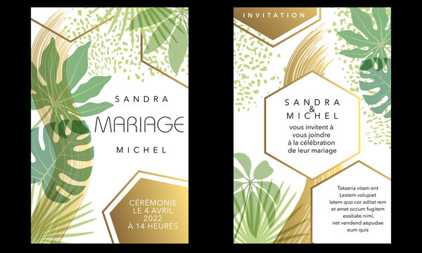 2 cartes d’invitation pour un mariage avec une décoration florale avec des feuilles de plantes tropical et graphique avec des hexagones or - texte français - traduction : mariage, invitation.