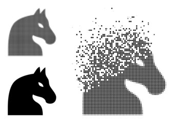 Dispersed dotted chess horse vector icon with wind effect, and original vector image. Pixel dissolving effect for chess horse shows speed and motion of cyberspace items.