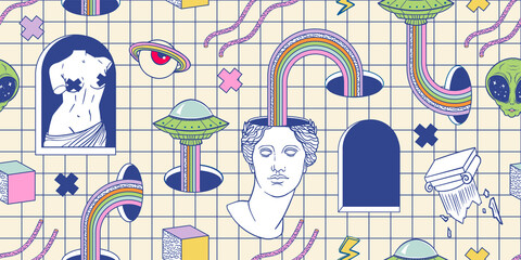 seamless pattern with greek statues and ufo, in the style of 80-90s